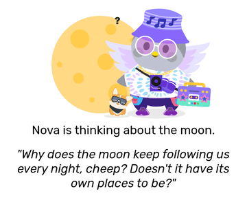 Nova dressed in a 90s style purple and white musical themed outfit holds a boombox, and has Subwoofer the Crogi next to her. She looks curious, with a large moon behind her. She is thinking about the moon and remarks: &ldquo;Why does the moon keep following us every night, cheep? Doesn&rsquo;t it have its own places to be?&rdquo;
