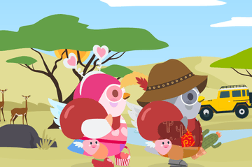 Scene of Nova dressed in a brown and orange adventuring outfit and holding a small cactus plant in a pot in the Serengeti. She also has another birb next to her, they are pink and wearing a heart inspired outfit. Both are walking with red bags slung over their shoulders, with each also walking with their own Flutter the Flying Heart.