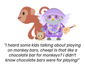 Nova dressed in a purple flower themed outfit with a lei and holding a brown wooden ukulele, and Talon the Gryphon next to her. She looks around, with a large monkey is behind her. She remarks: &ldquo;I heard some kids talking about playing on monkey bars, cheep! Is that like a chocolate bar for monkeys? I didn&rsquo;t know chocolate bars were for playing!&rdquo;