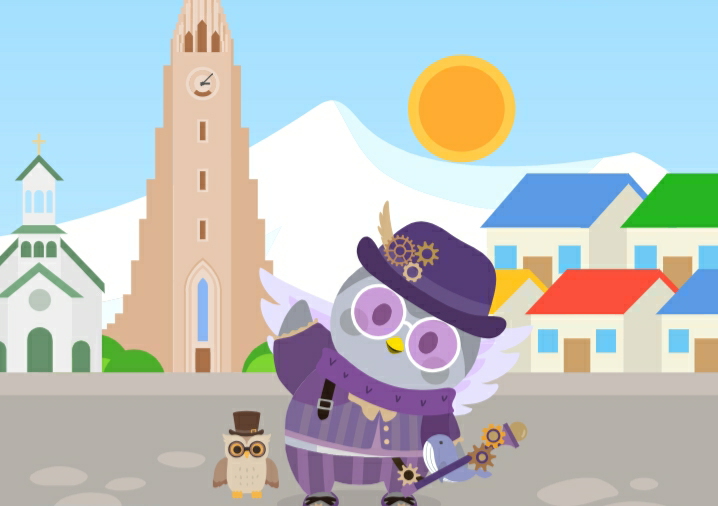 Scene of Nova waving as she is dressed in a purple steampunk themed outfit, with Sprocket the Owl next to her, in Iceland.