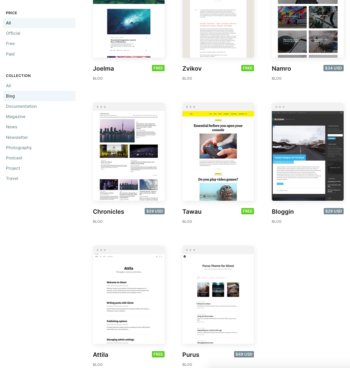 Screenshot displaying the results when looking for a blog theme using the &lsquo;blog&rsquo; filter on Ghost, showing themes purposefully designed for blogging